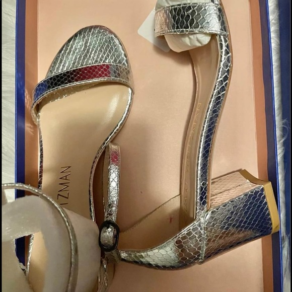 Like New, Stuart Weitzman Simple Snakeskin-Embossed Metallic Leather Sandals - Picture 3 of 5